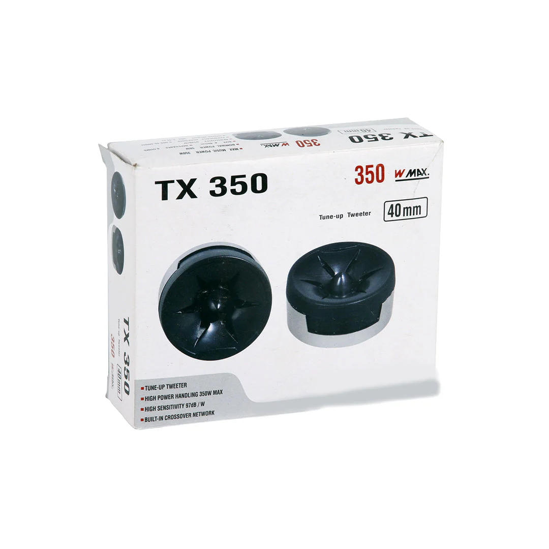 Tune UP Tweeter High power handling 500w max. high sensitivity 97db/w Built in Crossover Network Nominal Power 50W Size 40mm impedance 8 ohms sensitivity 97db/w frequency response 6000-40000hz Gross Weight 98g 3.460z TX-450 Audio Tweeter Platinum Edition 40mm (Replica) - Image 1